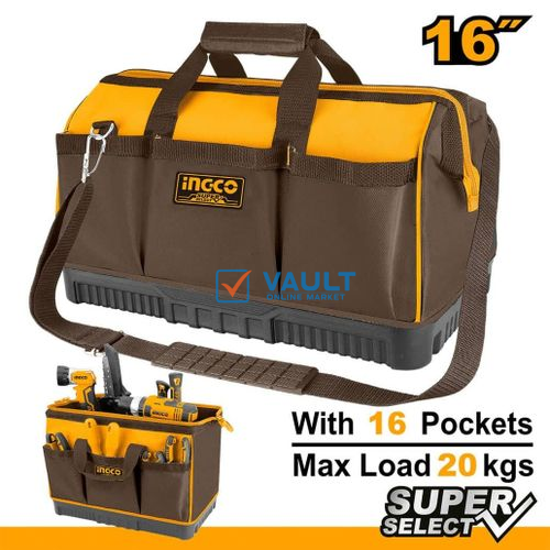 INGCO 16" Inch Tool Bag, With 16 Pockets, Multi-Functional Hand Tool Storage Organizer - Dark, Brown
