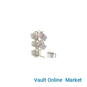 6 Piece Pumpkin Ceramic Cups Mugs Set With Golden Handle And Stainless Steel Holder Rack- Multicolor