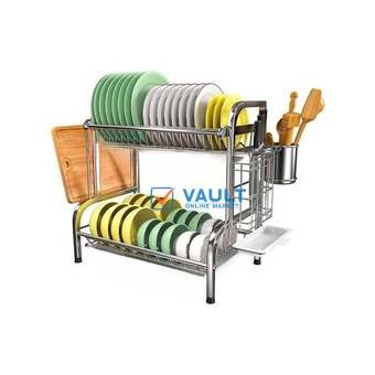 2 Tier Aluminum Plate Dish Drying Draining Rack Storage Organizer, Silver .