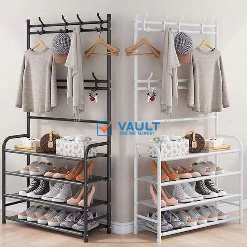 4 Layer Multifunctional Shoes Rack Organizer with Coat Hanger - Black/White