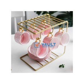 6 Tea Coffee Cups And Saucers Stand Rack Organizer Gift Set- Gold.