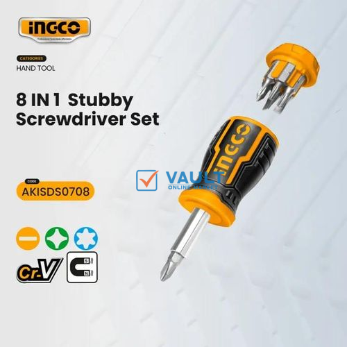 INGCO Akisds1728 8-In-1 Stubby Ratchet Screwdriver Set - Orange