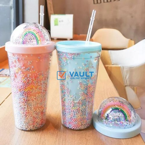 2-Layer Ice Cream Juice Bottle Cup with Straw-Multi-colours