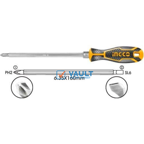 INGCO 2 In 1 Screwdriver Set 6.35X160MM,PH2+SL6 - Orange / Black