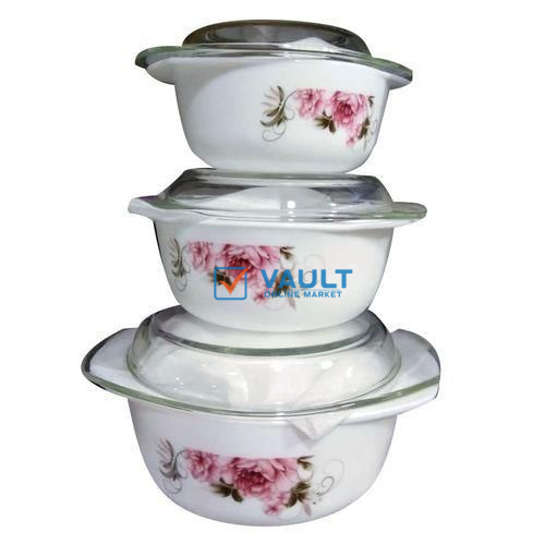 3 Pieces Set Of Ceramic Opal Dishes With Glass Lids - White/Flower May Vary