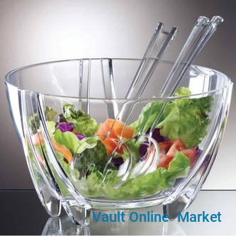 Acrylic Clear Serving Salad Bowl With Servers Spoons And Lid Cover- Transparent