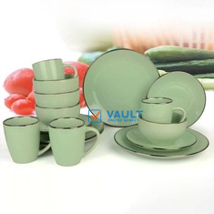 16-Piece Ceramic Stoneware Metallic Rim Dinner Plates Set Dessert Sideplates Cups Bowls Dinnerware Set- Green