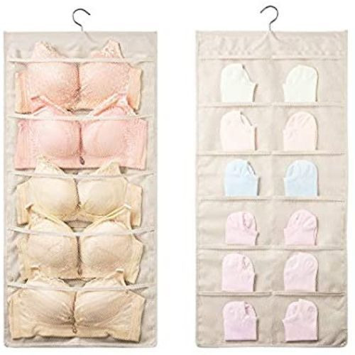 Double Sided 24 Pockets Socks,Bra,Underwear Bag Hanger Storage Organizer-Cream