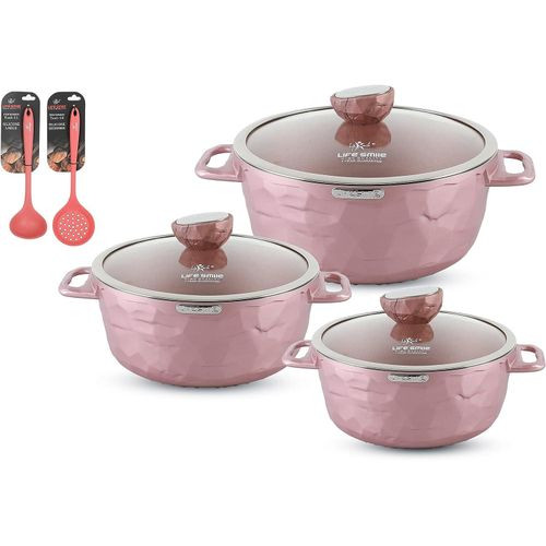 Life Smile 8 pieces Cookware set Induction Base Granite Non Stick Coating 100% PFOA FREE Casserole Pot Set And Silicone Utensils -Multicolor