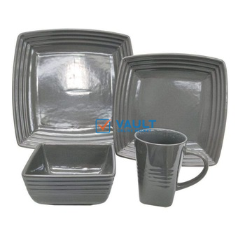 16-Piece Ceramic Squre Stoneware Dinner Plates Set Dessert Sideplates Cups Bowls Dinnerware Set- Grey