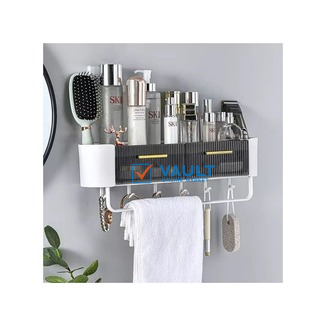 Shower Caddy, Self Adhesive Wall Mounted Shelf Bath Organizer, Shampoo Shelves Storage Basket Soap Holder hanging Tray with 4 Hooks & 1 Towel Bar Rack Rails for Bathroom, Kitchen- White