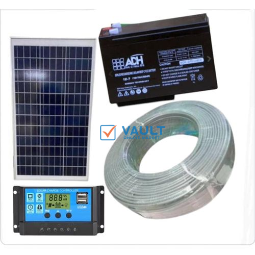 50W Solar Panel Kit, 24AH Solar Battery, 10AH Controller, 50M Cable Roll - Black