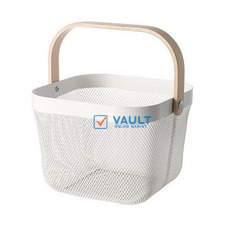 Square Metal Mesh Fruit Basket Shopping Wooden Handle Storage Bin