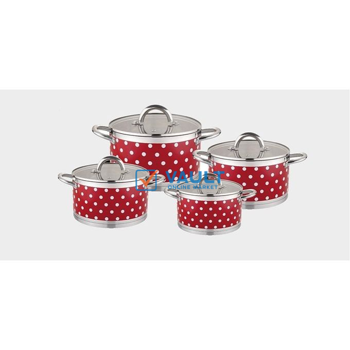 4 Piece Of Stainless Steel Induction Saucepan with Glass Lid and Handles Double Base Pots Red with White Dots Cookware