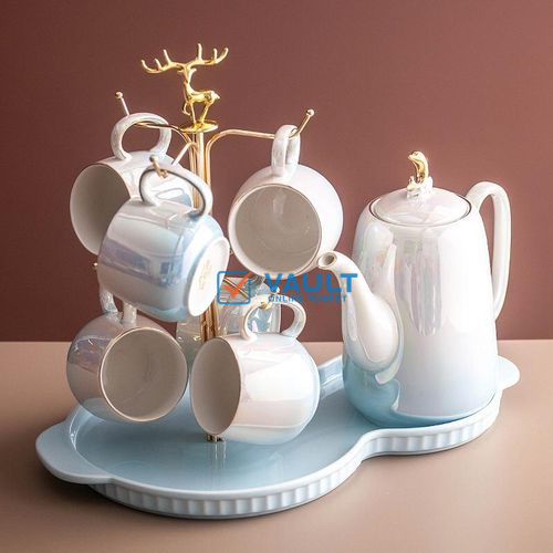 Tea Set with Metal Holder, Ceramic Cup Set for Tea Coffee With Teapot And 6 Cups And Tray For Family Afternoon Tea Party