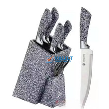 7 Piece Black Dotted Handle Knife Set In Wooden Stand - Grey.