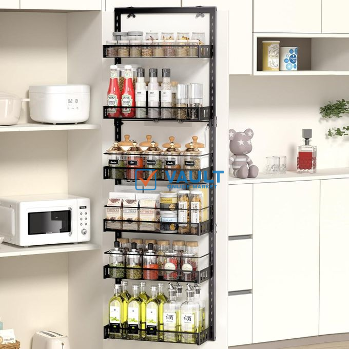 Over Door Spice Rack, 6-Tier Adjustable Over the Door Storage, Caddy Pantry Door Organizer Shelves with Hook for Each Layer, Back Door Metal Hanging Spice Can Rack for Pantry Bathroom Shelf With Adjus