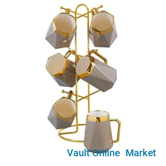 6 Piece Ceramic Cups Mugs Set With Golden Handle And Stainless Steel Holder Rack- Multicolor