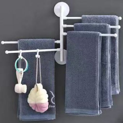 Wall Mount Bath Towel Holder Swing Out Rack 5-Bar Folding Hanger Stand, White.