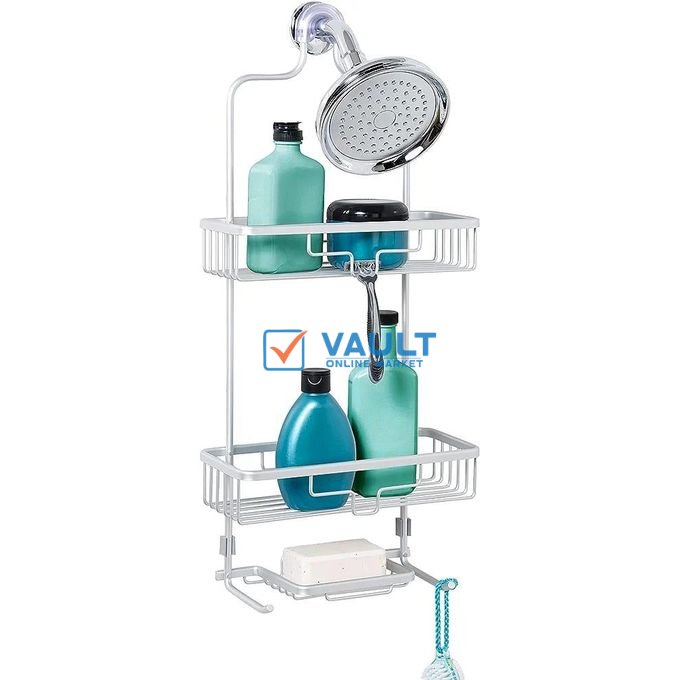 3 Tier Aluminium Shower Caddy Hanging Bathroom Organizer Rack With 2 Extra Wide Shelves And Built In Hangers For Loofahs And Towels Over Shower Head Storage System For Shampoo, Conditioner Satin Chrom