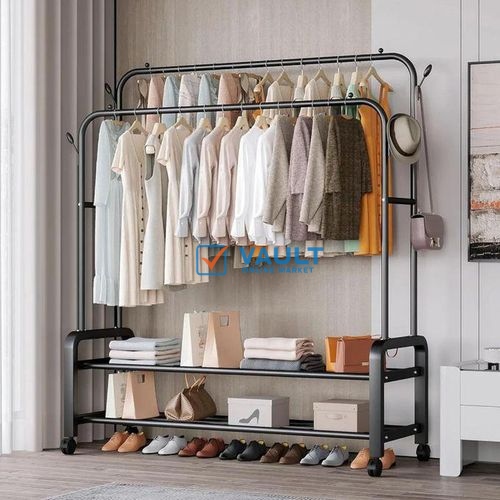 SHARE THIS PRODUCT    Official Store Anniversary deal Carbon Steel Double Pole Coat Rack Indoor Bedroom Clothes Drying Rail Balcony Hanging Clothes Shoes Rack Standing Storage Organizer With Hooks- Co