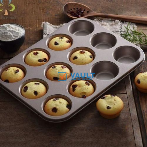 Non-Stick 12 Pcs Queen Cake/Cupcake Baking Tray Mold - Black/Silver