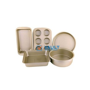 5-Piece Baking Set, Pizza Tray, Cake Mould, Toast Box, Square Plate,6-Cup Cake Mould, Gold.