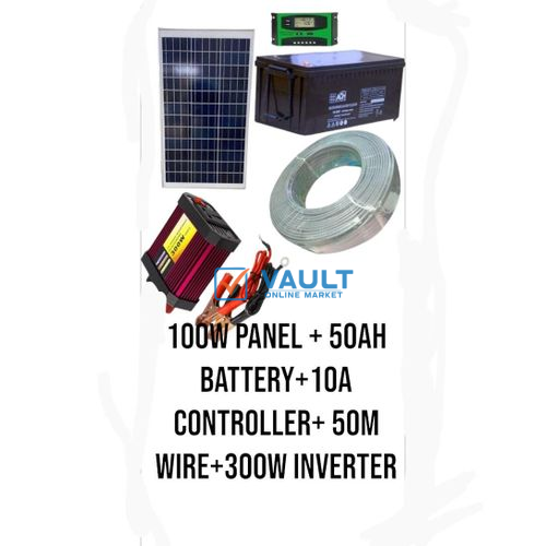 100W Solar Panel Kit + 50AH Solar Battery + 300 Watts Solar Inverter + 10AH Controller + 50M Cable Roll - Black