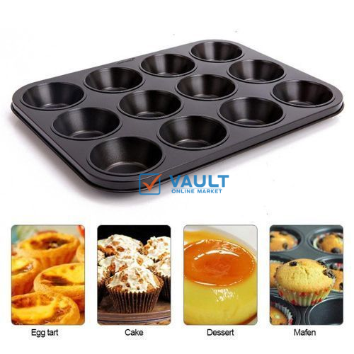 12-Hole Cupcake Baking Tray Oven Tray Pan - Black