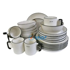 24pcs Of Black line Design Plates Bowls Cups Dinner Set - Cream.