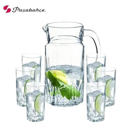 Luminarc 7 Piece Karat Lord&Lady Diamond Cut Drinkware Set Water Set (1 Jug Pitcher + 6 Drinking Glasses) Gift Set Carafe box Cups For Wate,r Juice, Beer, Cocktails - Clear