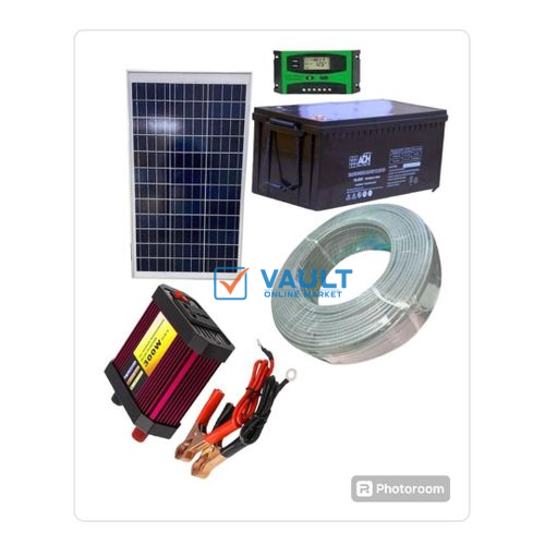 100W Solar Panel Kit + 50AH Solar Battery + 300 Watts Solar Inverter + 10AH Controller + 50M Cable Roll - Black