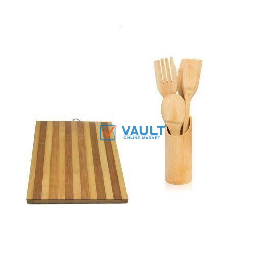 Set of Bamboo Chop board And Cooking Spoons - Brown