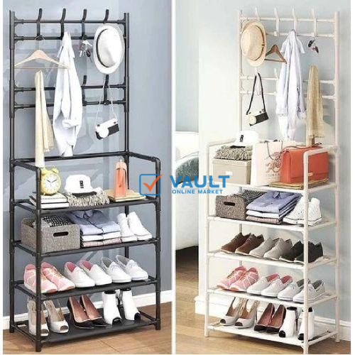 Hooks Coat Hat Stand Metal Shoe Rack Bedroom 4 Tiers Heavy Duty Shelf Hanger - Black/White