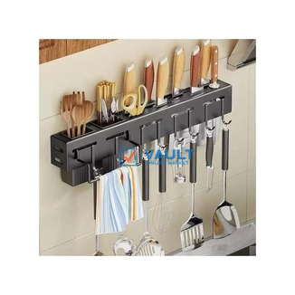 Wall Mount Knife Holder Towel Hanger Spatula Laddle Hanging Hooks Cutlery Holder Storage Rack- Black.
