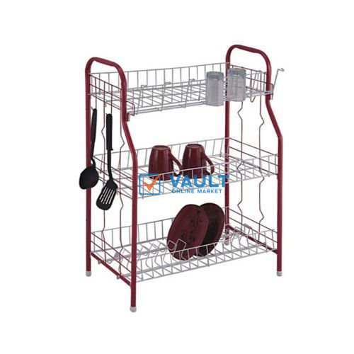 3 Tier Stainless Steel Dish Drainer Storage Rack, Red