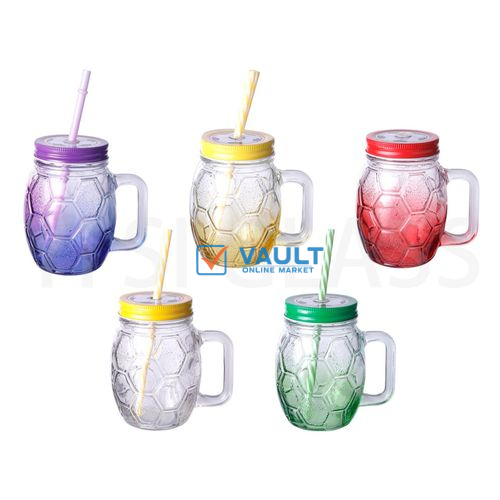 New Design Colored Spraying 500ml 16oz Football Shape Glass Mason Jar Drinking Glass Cup With Tin Lid And Straw