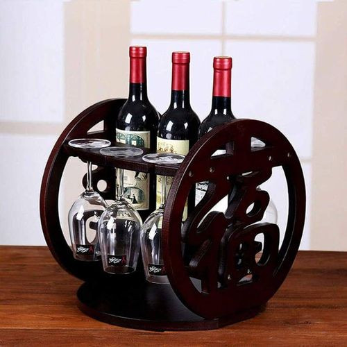 Industrial Tabletop Real Wood Wine Racks Glass Holder for 3 Bottles & 6 Glasses Stand Organizer Bar Home Decor Gift Set