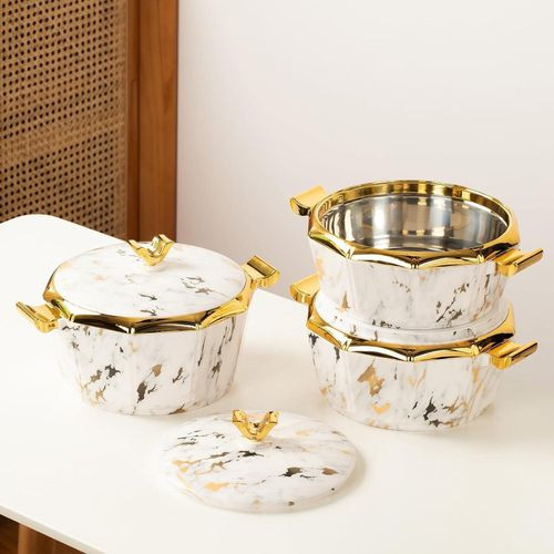 Luxury 3-Piece 2.1 or 2.6 or 3.1qt Hot Pot Food Warmer or Cooler, Casserole Dish Set With Lids, Insulated Stainless Steel Container, Serving Bowl For Buffets Best Gift-Marbling- Multicolor