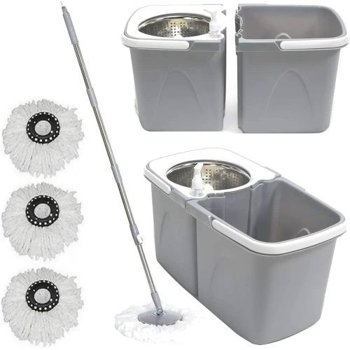 Space Saving 360° Dual Duo Floor Spin Mop Dispenser Bucket Set Spinning Rotating with 3 Cleaning Dry Heads with Built-in Detergent Dispenser Separates Clean and Dirty Water to Get Floors Cleaner