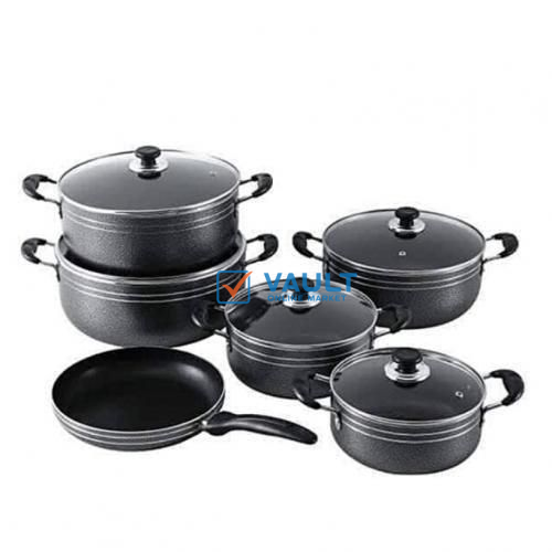 Seemann 11pcs Aluminum Nonstick stock cooking pots and fry pan with heavy quality cookware set Serving Dishes- Black
