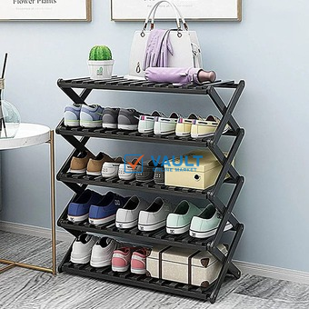 5 Tier Wooden Bamboo Shoe Rack Storage Shelf Stackable Organizer Multifunctional Shelf Foldable Stand (Green)