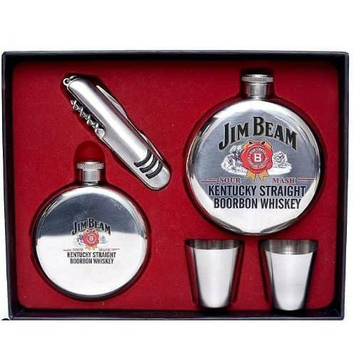 Jim Beam Liquor 2 Hip Flasks 2 Shot Glasses Gift Set Stainless Steel Pocket Drinking Whiskey Flask For Men And Women Festival Gift- Silver