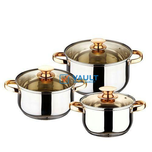 6 Pc Gold handles Stainless Steel Saucepans Cookware Pots- Silver