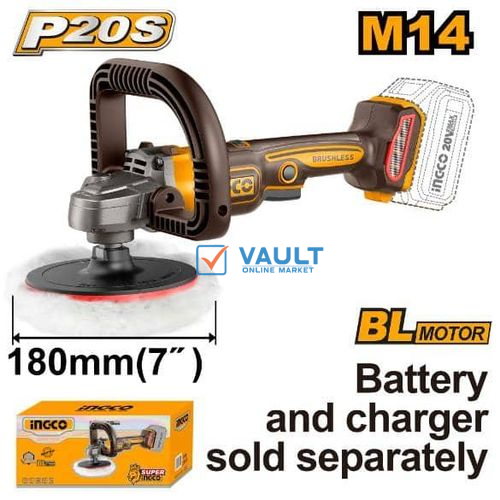 INGCO 20V M14 Lithium-Ion Polisher, 180mm (Body Only), Cordless 3IN1 Polisher, Buffer And Sander, 400-2500RPM For Base, For Car Detailing
