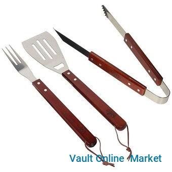 3-Piece Chefs Basics Grill Cutlery - Grill Tongs, Grill Spatula and Grill Fork Made of Stainless Steel - BBQ Grill Accessories Barbecue Tool Set with Wooden Handle For Cooking, Backyard Barbecue & Out