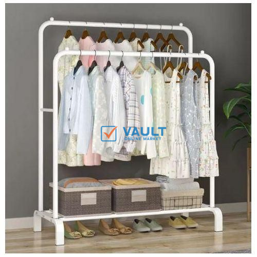 Carbon Steel, Double Pole, Coat Rack Indoor, Bedroom. Clothes drying Rail, Balcony Hanging, Clothes, Shoe Rack, Standing Storage Organizer, With Hooks- Multicolor