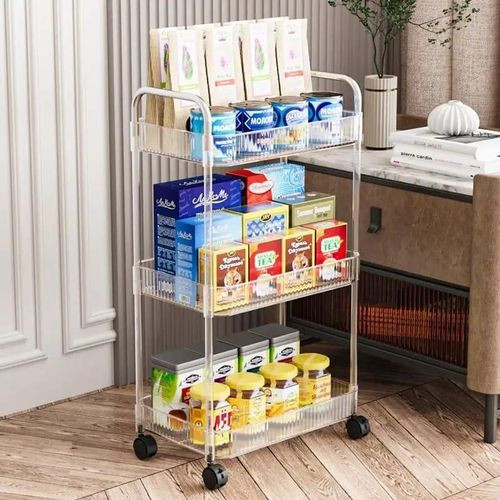 1pc Acrylic Clear 3 Tier Utility Cart, Rolling Cosmetics Laundry Organization Trolley Cart With Handle And Wheels, Multifunctional Storage Shelves Side Table For Kitchen Living Room Office