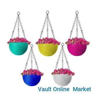 Rattan Waven Urban Home Plastic Flower Pot Hanging Basket with Metal Chain Plant Container Set Basket Planters for Balcony, Railing, Indoors, Garden,