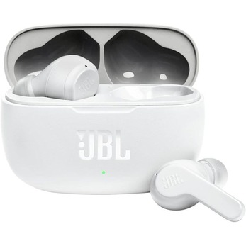 Jbl Wave 200TWS Wireless In-Ear Headphones - Bluetooth headphones with Deep Bass Sound and IPX2 water resistance, complete with charging case.